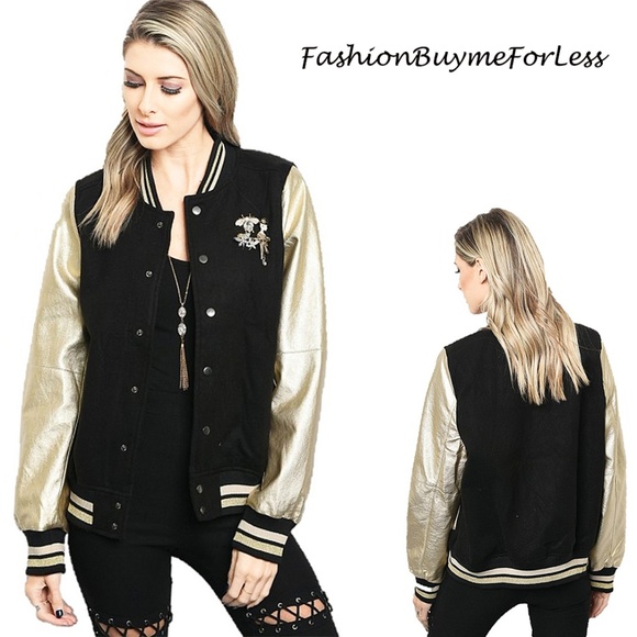 Buyme4Less Jackets & Blazers - Black Gold Crystal Pin Bomber Varsity Jacket Coat